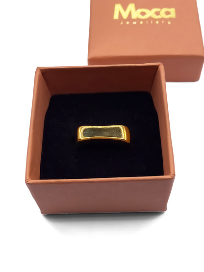 Gold ring displayed in MOCA Jewellery box, handmade asymmetric design