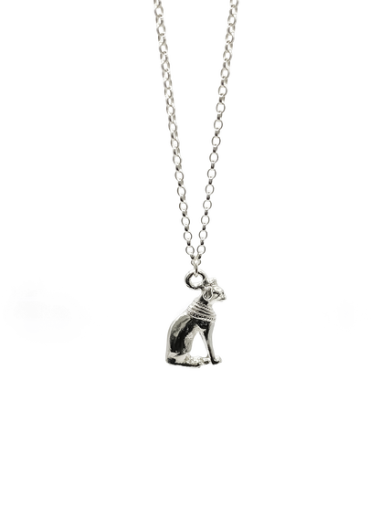 Bast Cat Pendant in oxidised silver on chain with Egyptian styling. Silver or Gold. Free shipping