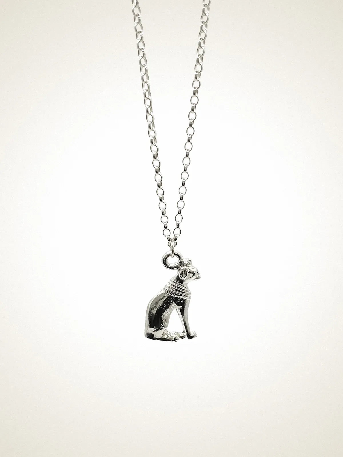 Premium Bast Cat Necklace handmade in Sterling silver, classic design, worn view