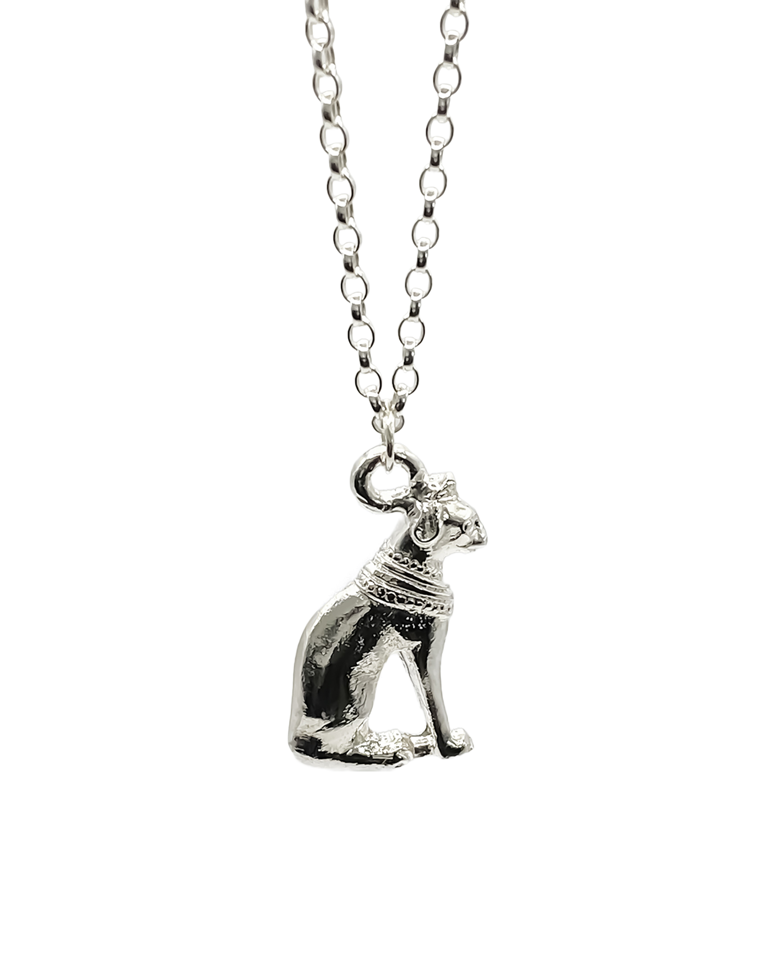 Bast Cat Pendant featuring Egyptian cat figure in silver or gold. Mystical charm Protector.
