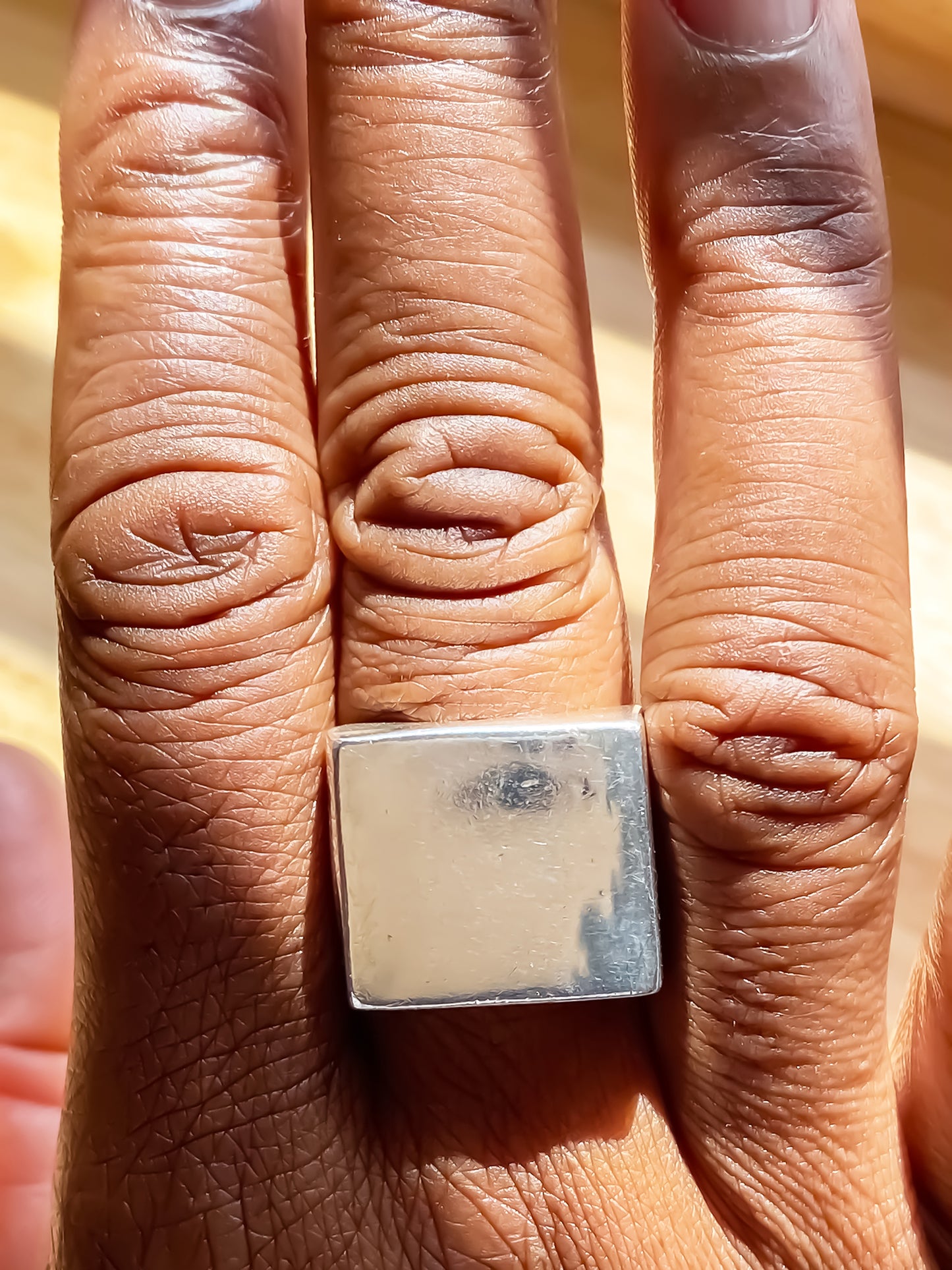 Group shot of Big Square Signet Rings in gold and silver, smooth lines, free shipping
