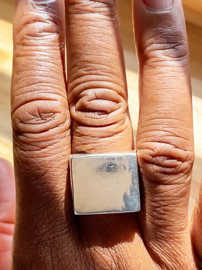 Group shot of Big Square Signet Rings in gold and silver, smooth lines, free shipping
