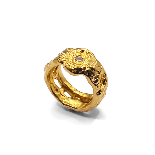 Bold Eclipse Ring in gold with textured band and gemstone detailing, crafted by MOCA Jewellery