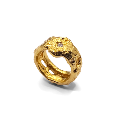 Bold Eclipse Ring in gold with textured band and gemstone detailing, crafted by MOCA Jewellery