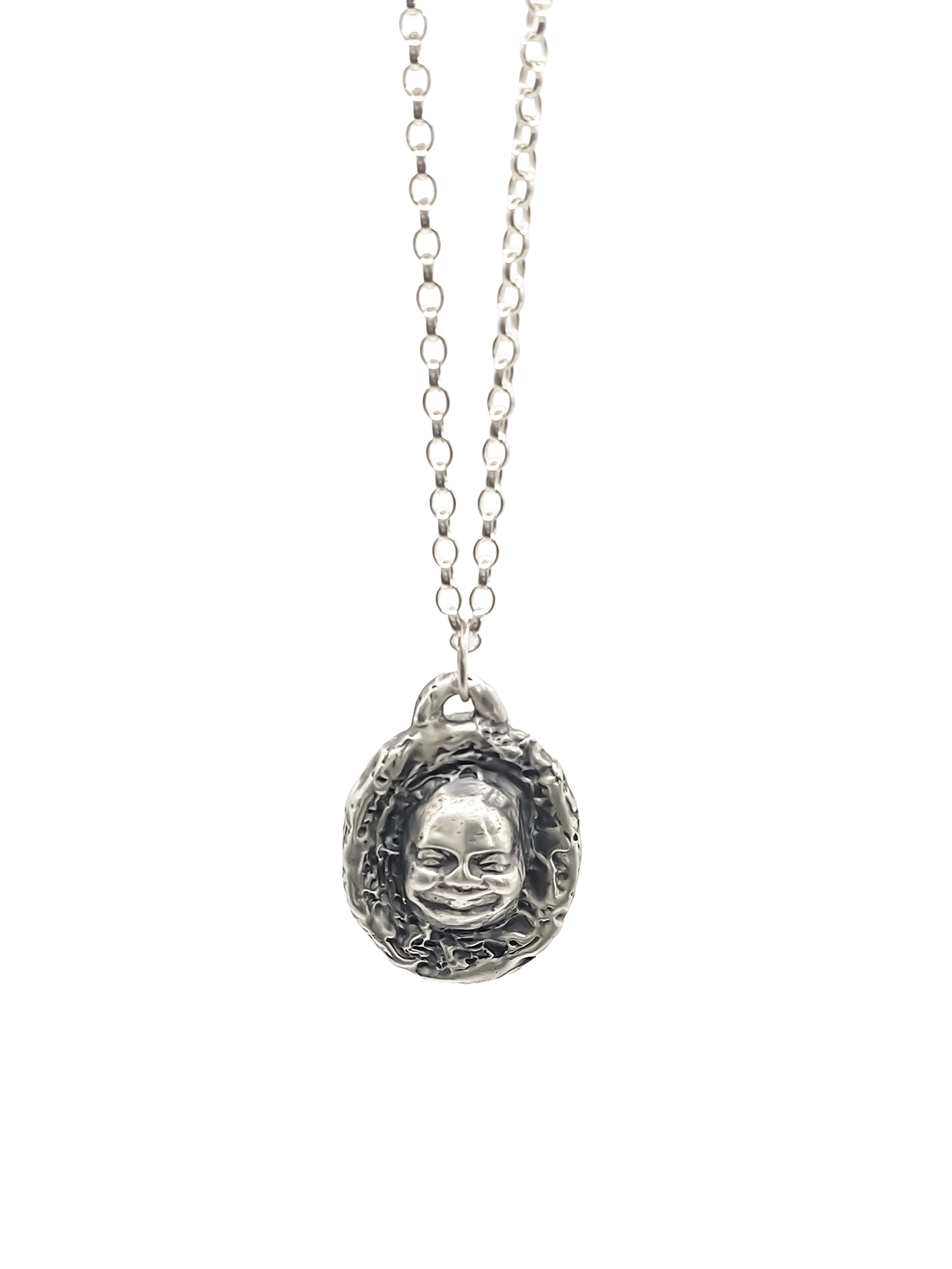 Buddha Face Pendant shown in frontal hanging view - happy buddha, spiritual, oxidised organic texture gold or silver free shipping