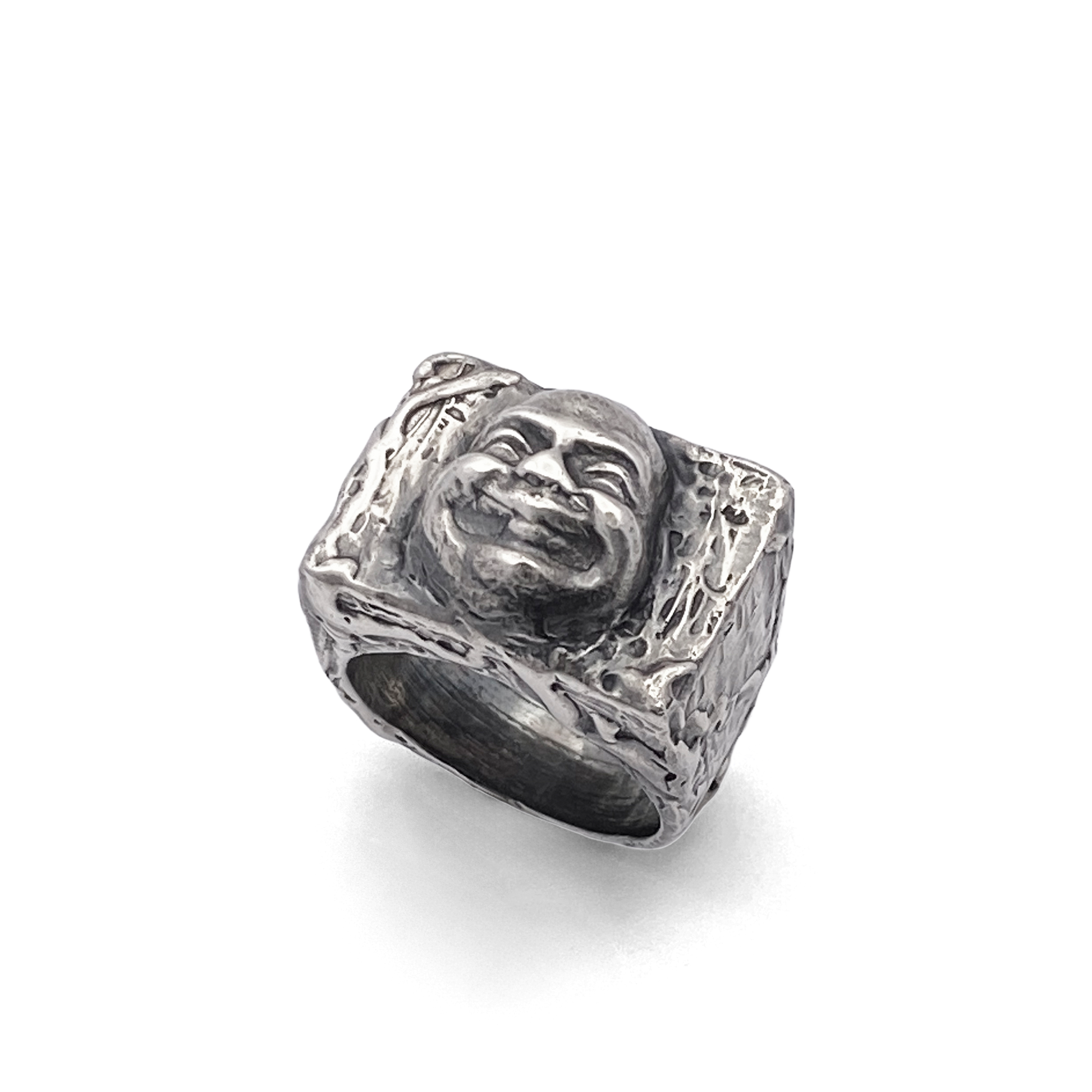 Angled view with soft light hitting Buddha Signet Ring - peaceful statement piece, oxidised gold or silver, free shipping