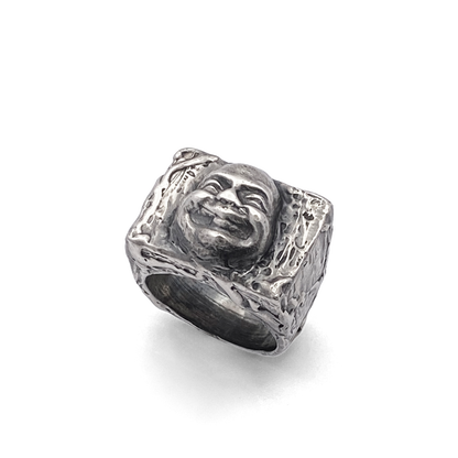 Angled view with soft light hitting Buddha Signet Ring - peaceful statement piece, oxidised gold or silver, free shipping