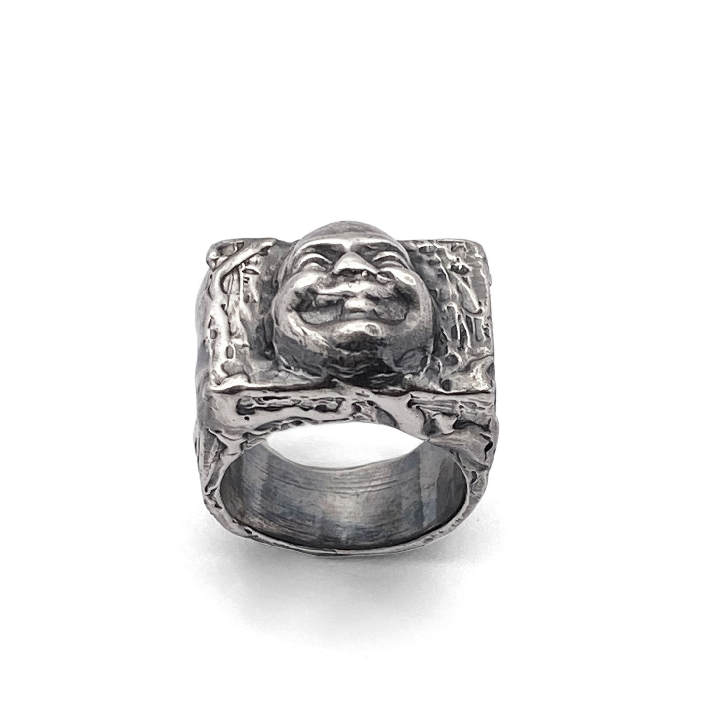 Buddha Signet Ring showing cast contours and bold features - peaceful statement piece, oxidised gold or silver, free shipping