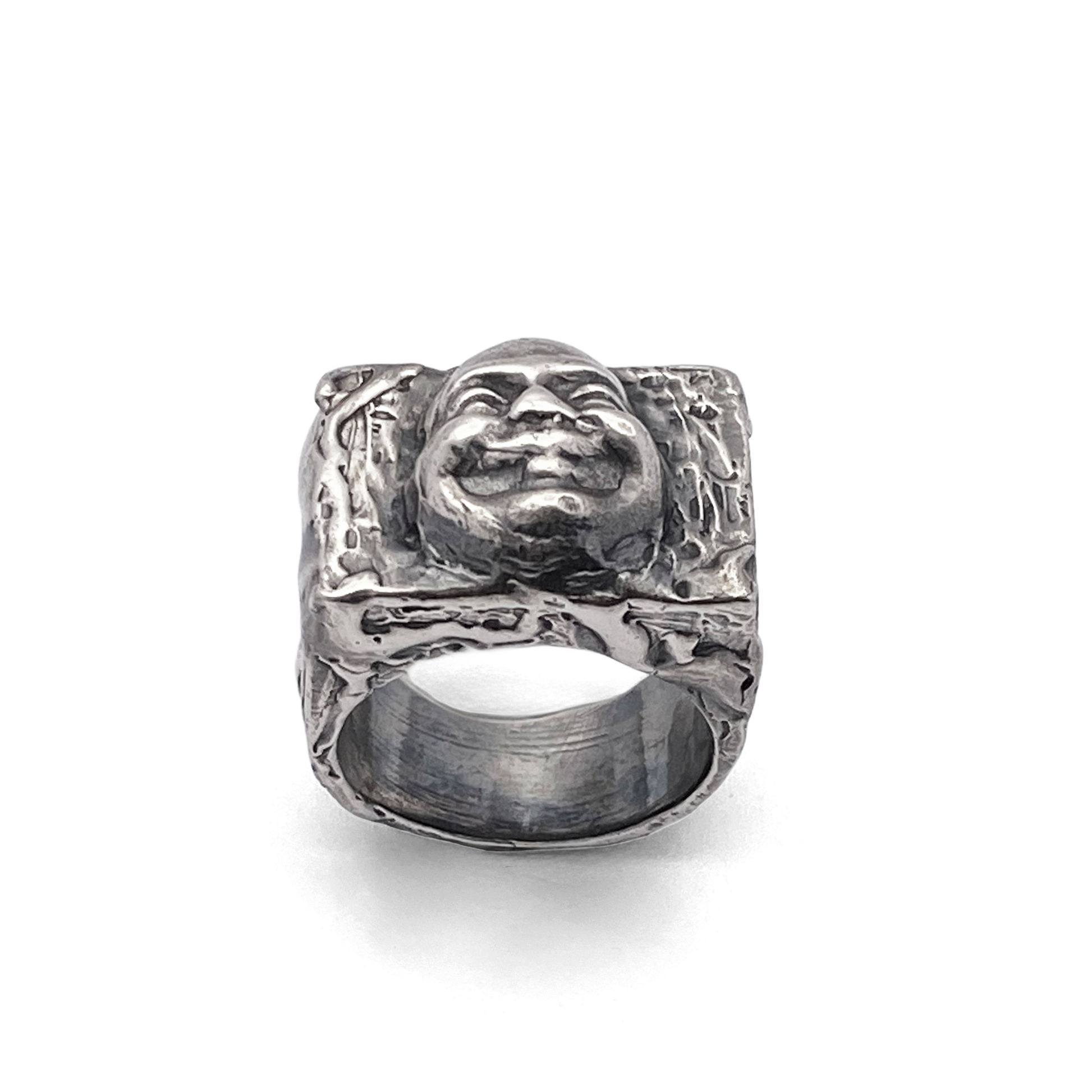 Buddha Signet Ring showing cast contours and bold features - peaceful statement piece, oxidised gold or silver, free shipping