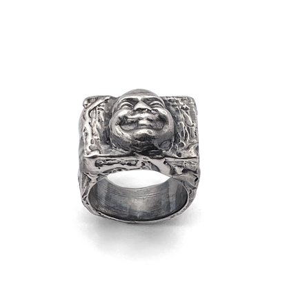 Buddha Signet Ring showing cast contours and bold features - peaceful statement piece, oxidised gold or silver, free shipping