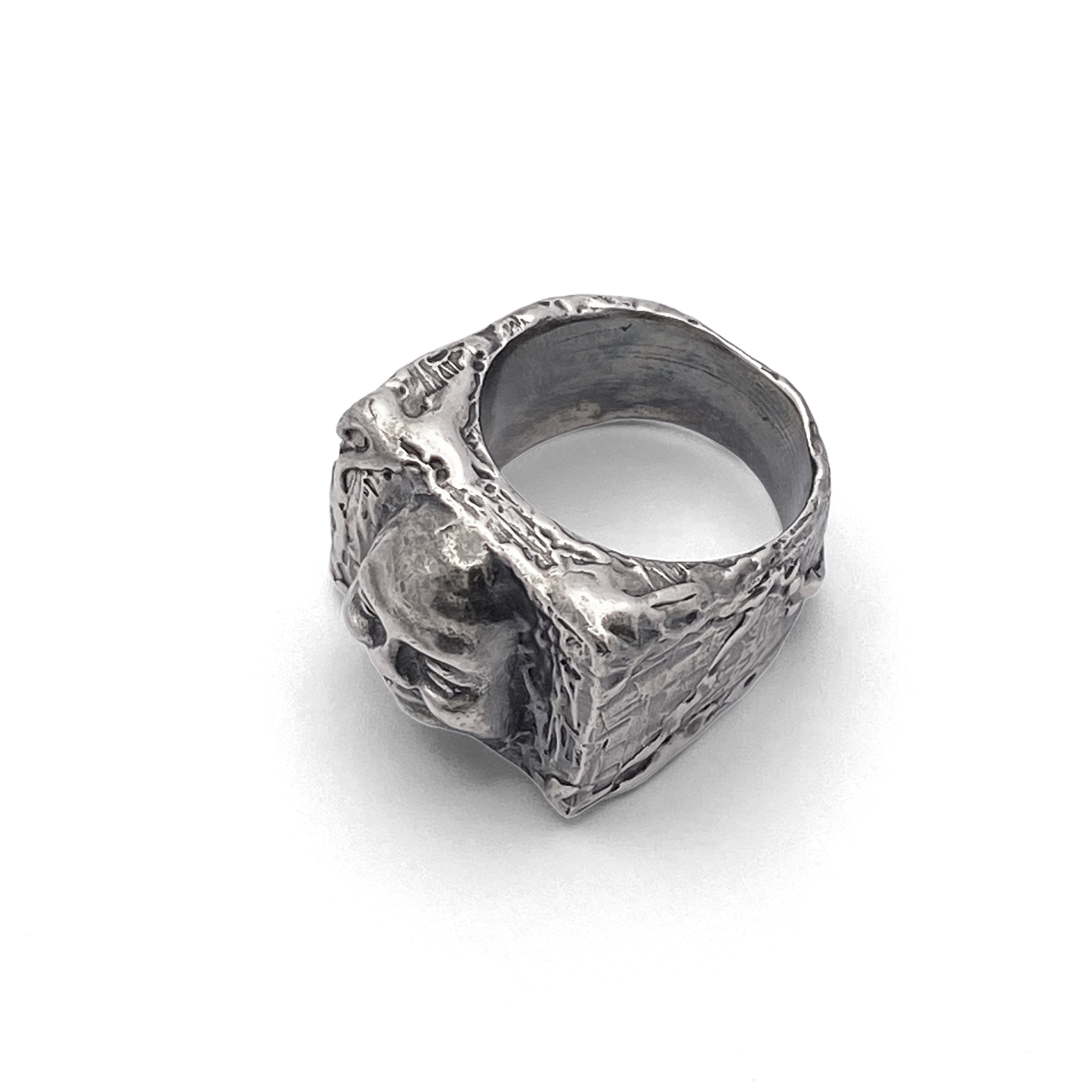 Engraved detail shot of Buddha Signet Ring band - peaceful statement piece, oxidised gold or silver, free shipping