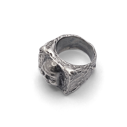 Engraved detail shot of Buddha Signet Ring band - peaceful statement piece, oxidised gold or silver, free shipping