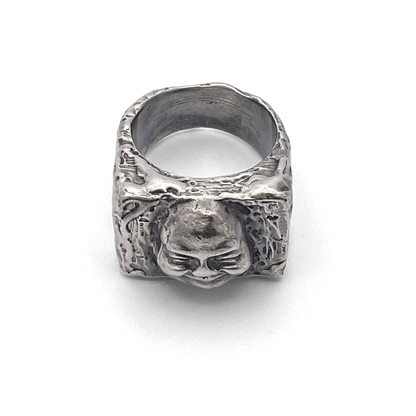 Front view of Buddha Signet Ring in oxidised silver - peaceful statement piece, oxidised gold or silver, free shipping
