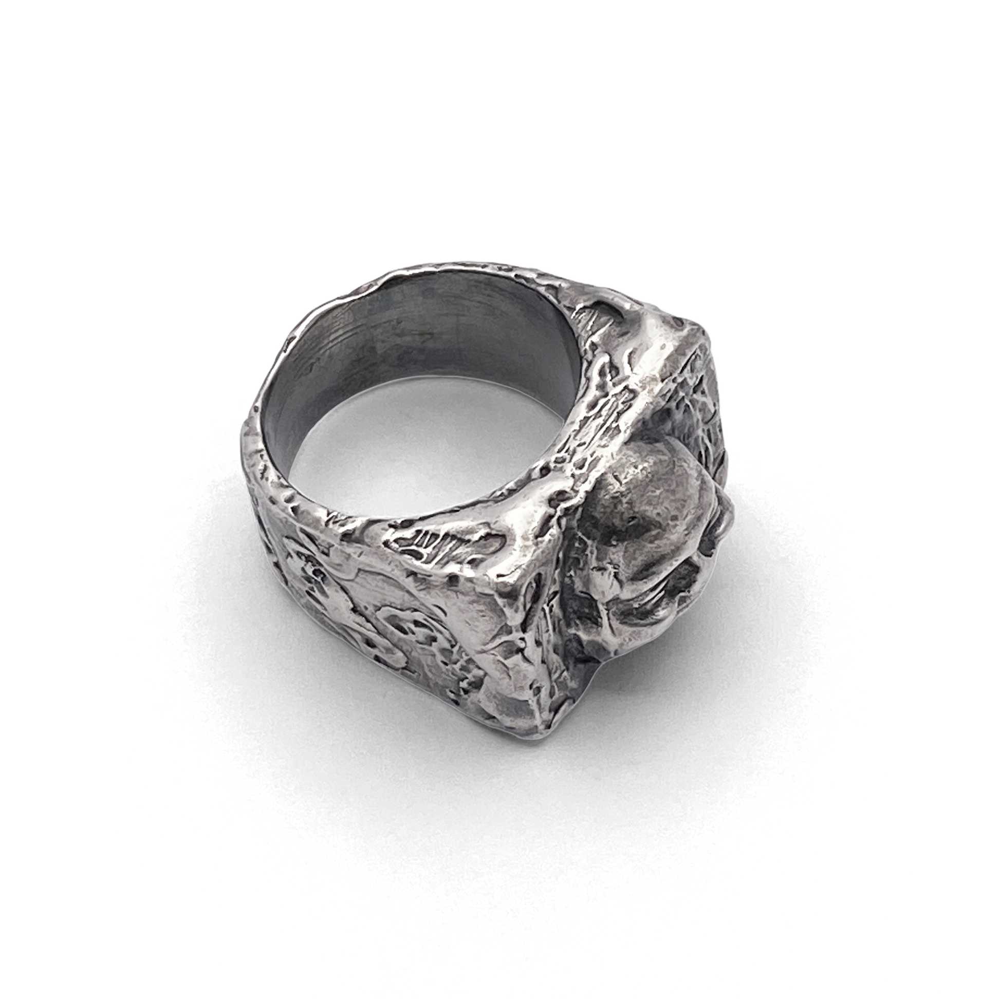 Textured side view of Buddha Signet Ring in silver - peaceful statement piece, oxidised gold or silver, free shipping