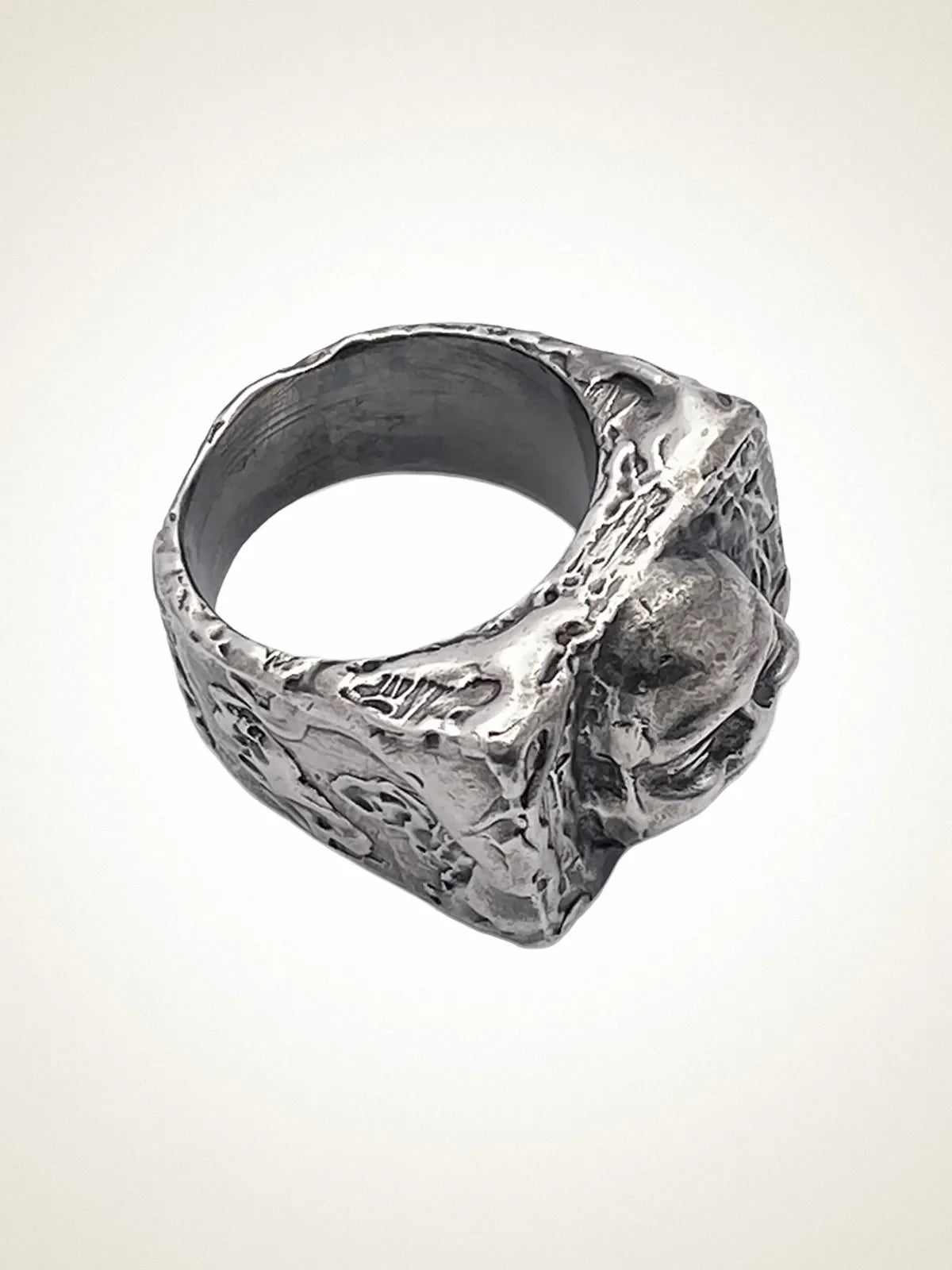 Designer Buddha Signet Ring in Patina, handmade jewelry, timeless design, alternate angle