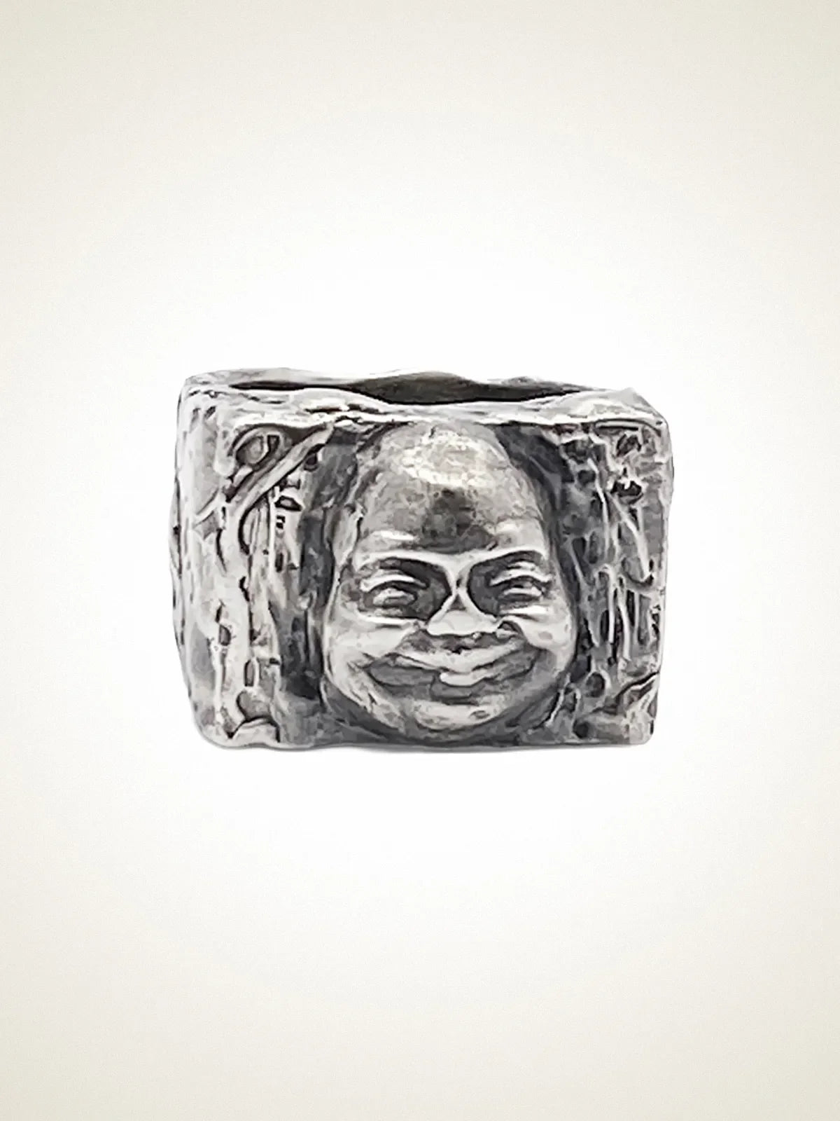 Artisan Buddha Signet Ring in premium Patina, minimal design, angle view