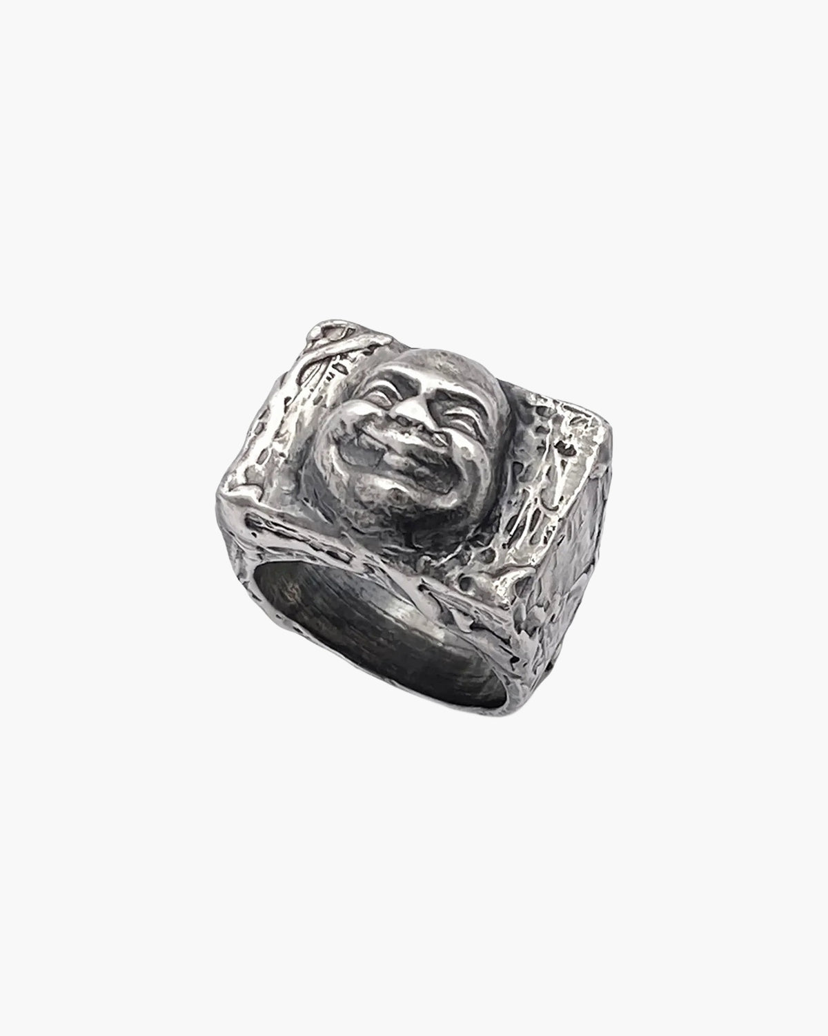 Handcrafted Buddha Signet Ring in Patina, artisan jewelry, geometric design
