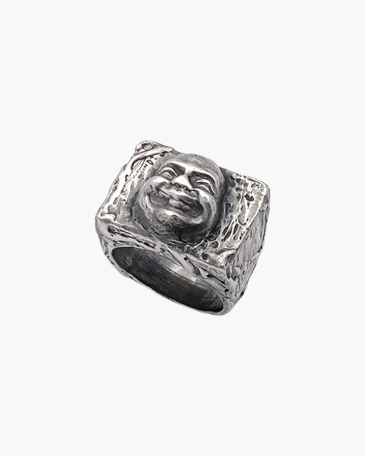 Handcrafted Buddha Signet Ring in Patina, artisan jewelry, geometric design