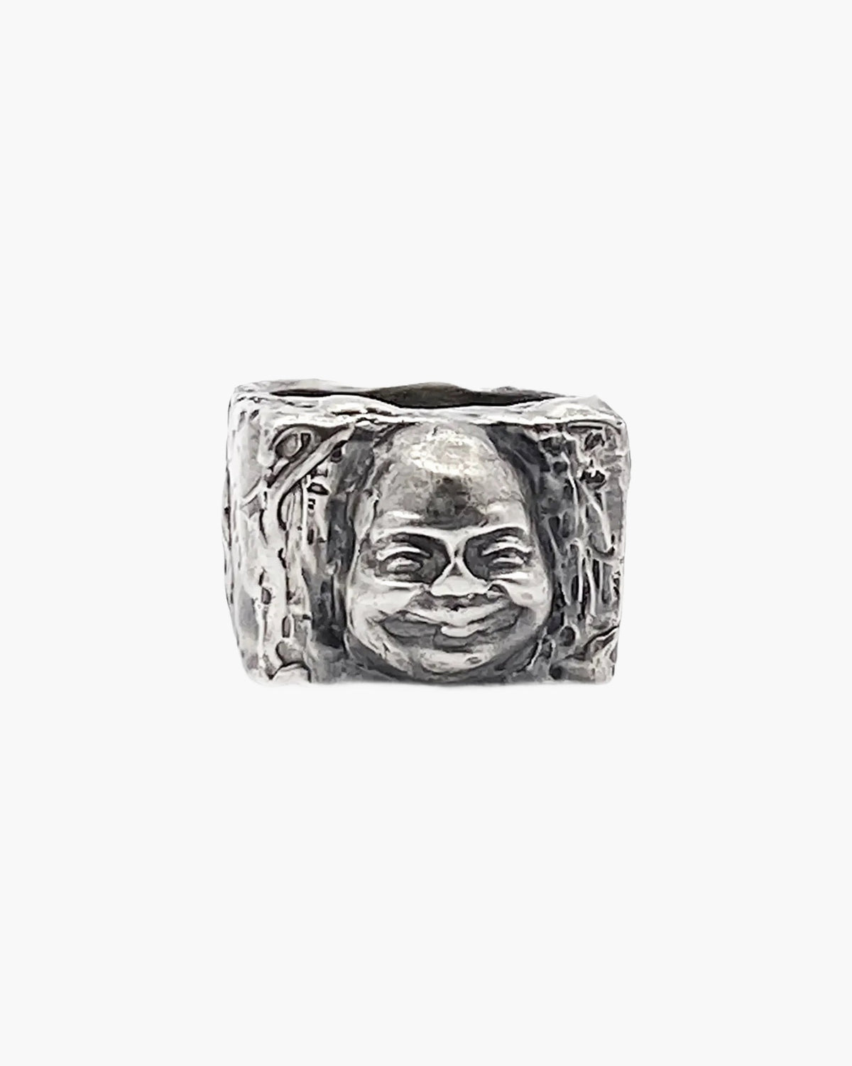 Artisan Buddha Signet Ring in premium Patina, minimal design, angle view