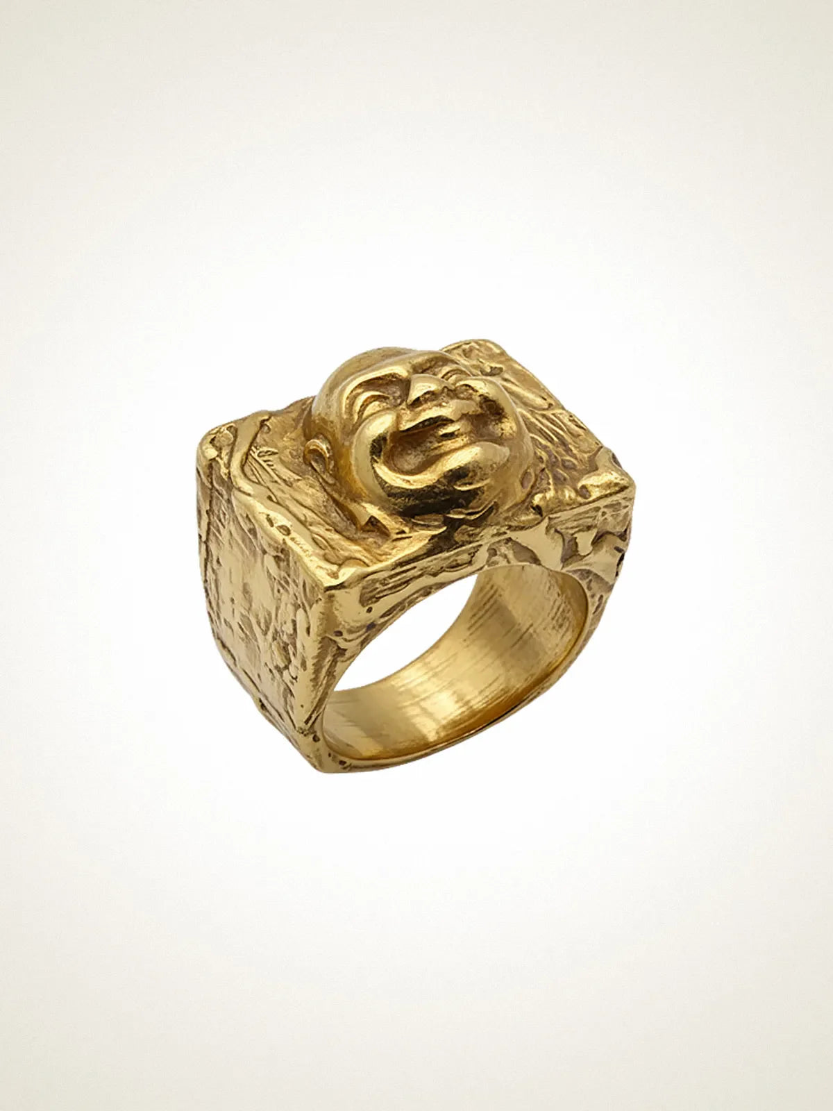 Handcrafted Buddha Signet Ring premium Patina jewelry, polished face, product shot