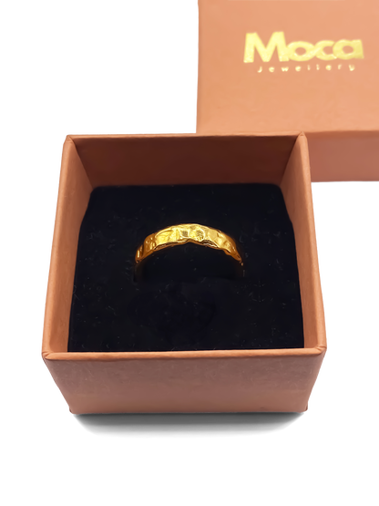 Gold textured band ring with subtle detail, handmade by MOCA Jewellery.