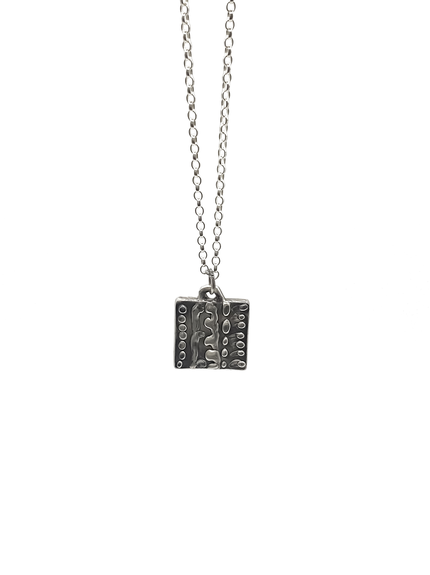 Dotty Pendant square shape shown front hanging - textured, square happy buddha, oxidised organic texture gold or silver free shipping
