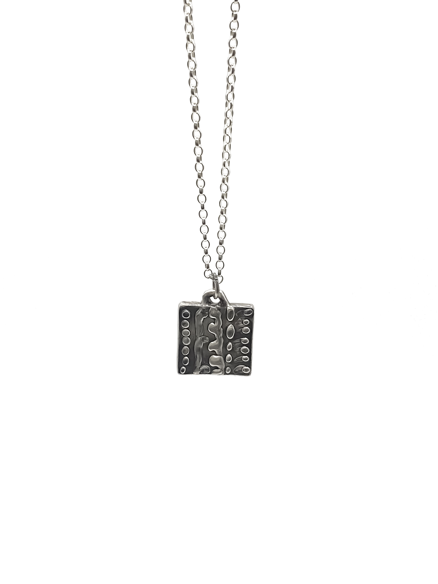 Dotty Pendant square shape shown front hanging - textured, square happy buddha, oxidised organic texture gold or silver free shipping