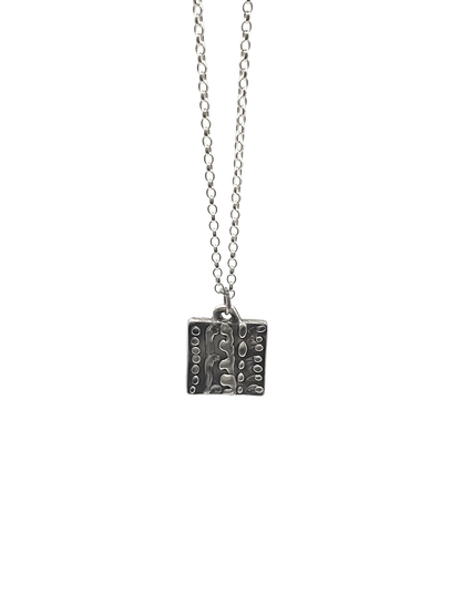 Dotty Pendant square shape shown front hanging - textured, square happy buddha, oxidised organic texture gold or silver free shipping
