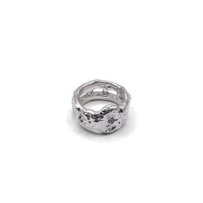 Close-up showing cutouts and gemstones on Eclipse Cutout Ring - textured band white and black gemstones gold or silver free shipping