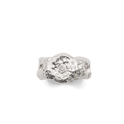Sculptural angle of Eclipse Cutout Ring in studio lighting - textured band white and black gemstones gold or silver free shipping