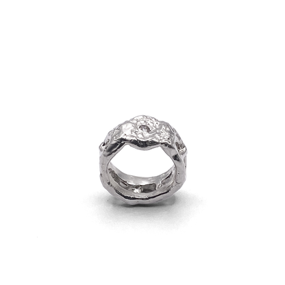 Top view of Eclipse Cutout Ring featuring cutout details - textured band white and black gemstones gold or silver free shipping