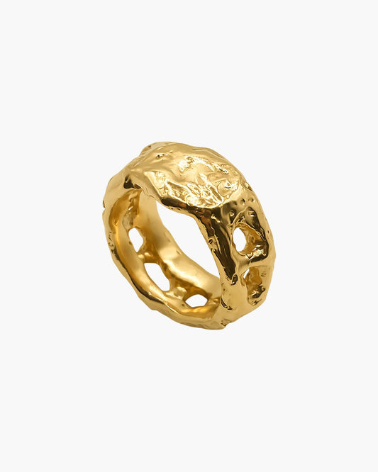 Eclipse Cutout Ring in 22ct gold vermeil, a wide band with organic cutouts