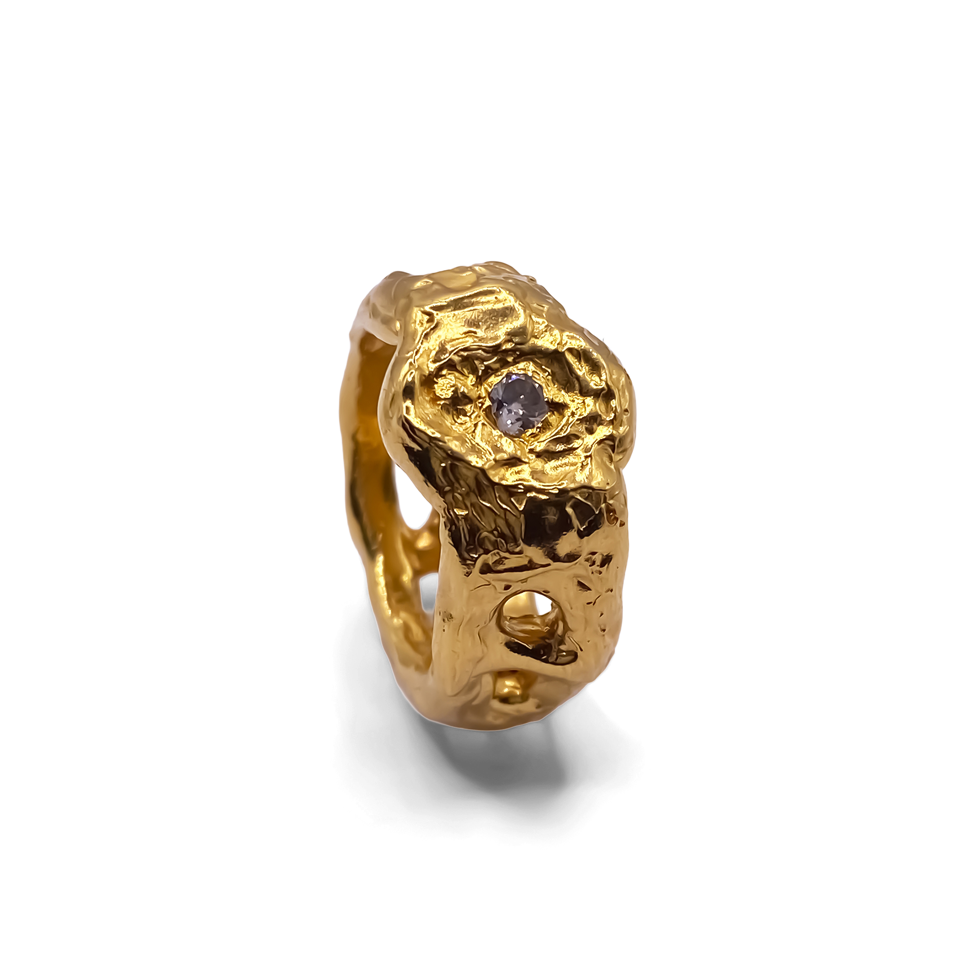 Side view of Eclipse Cutout Ring showing textured gold finish and gemstone accents, MOCA Jewellery design