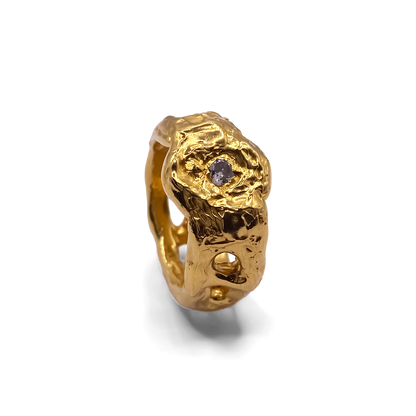 Side view of Eclipse Cutout Ring showing textured gold finish and gemstone accents, MOCA Jewellery design