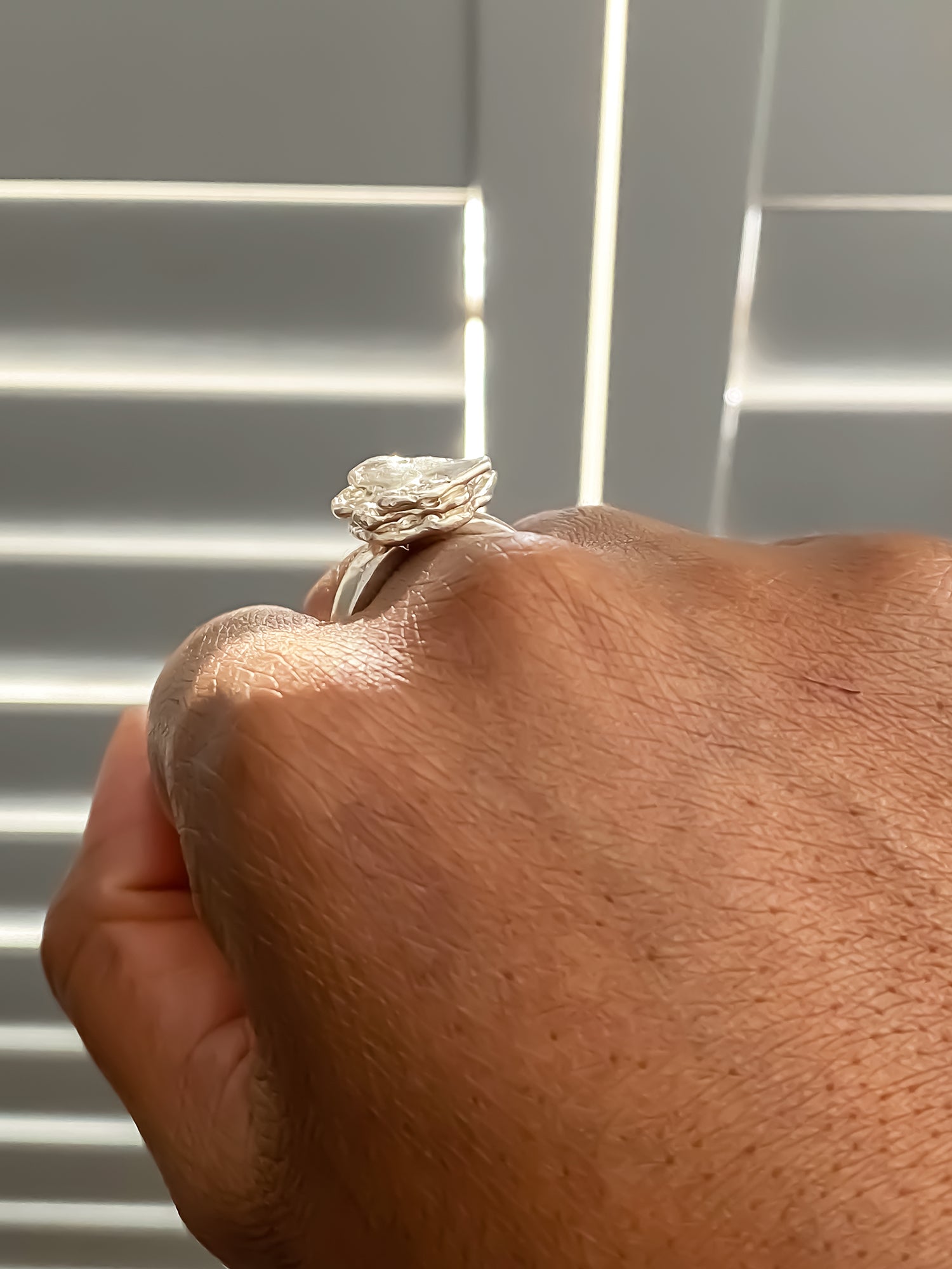 Flower ring worn on hand with profile view - Flower ring statement handmade, abstract gold or silver, Nature-Inspired, free shipping