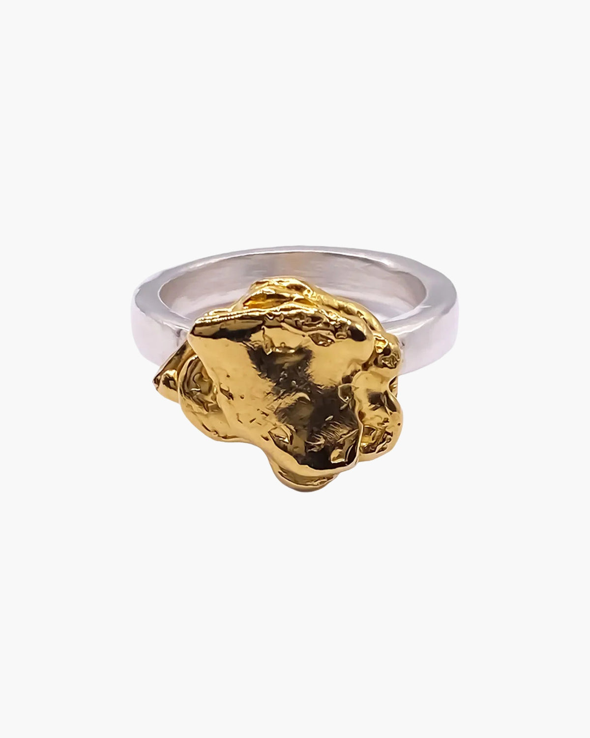 Gold vermeil flower on a silver band, side view