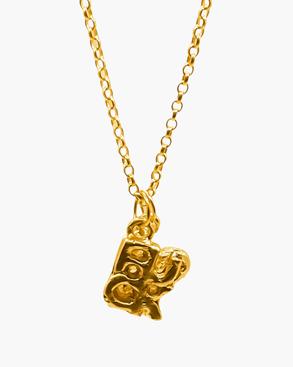 Close-up of the gold vermeil Fuck + Love pendant