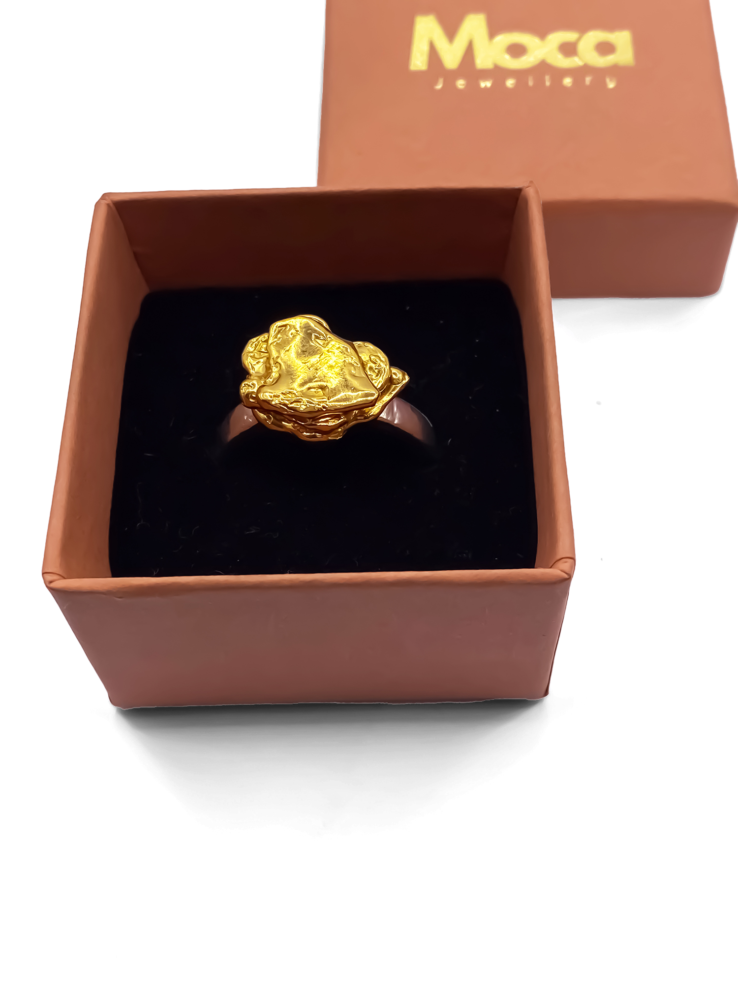 MOCA Jewellery gold flower ring in gift box, abstract nature-inspired design, perfect handmade gift with free UK shipping