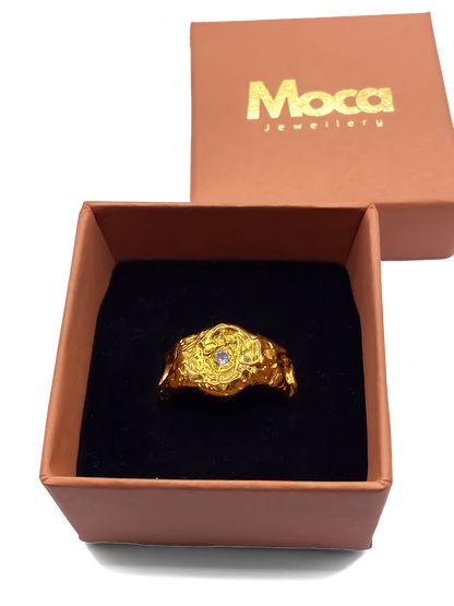 Gift-boxed Eclipse Ring with gold texture and gemstone detail, premium packaging from MOCA Jewellery