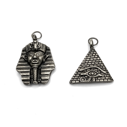Group image of Horus Eye Pyramid and Pharaoh Pendants in oxidised gold or silver with free UK shipping