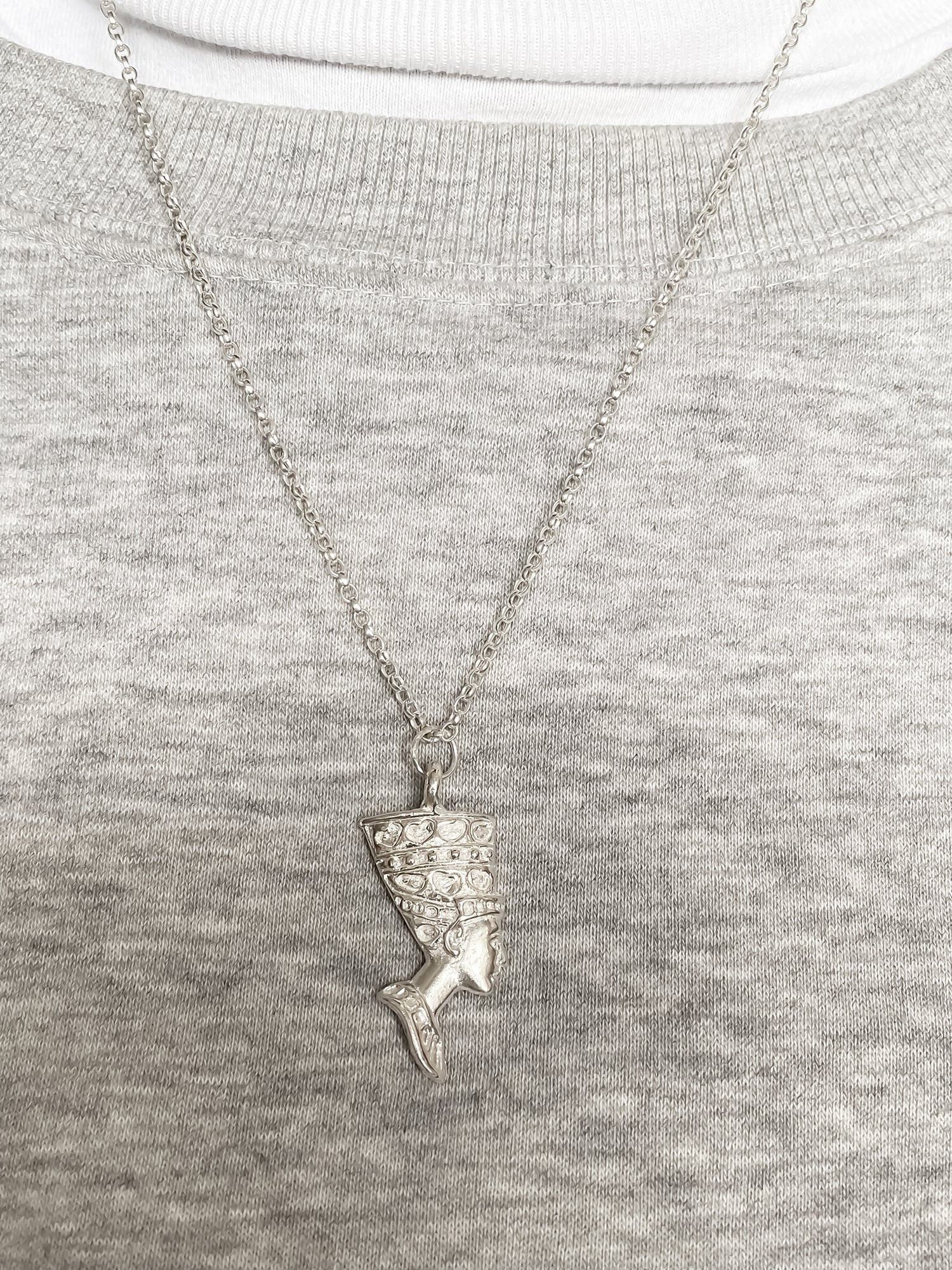 Handcrafted Queen Nefertiti Face Pendant on grey sweat shirt African gold or silver free shipping