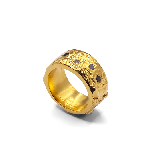 Gold textured band ring with white and black gemstone accents MOCA Jewellery