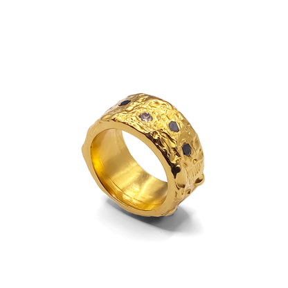 Gold textured band ring with white and black gemstone accents MOCA Jewellery