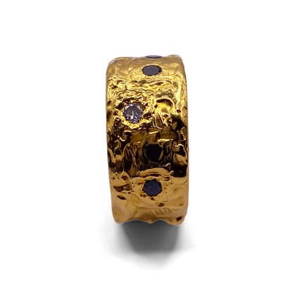 Side view of handmade MOCA Jewellery Stone Set Band with gold and gemstone detail