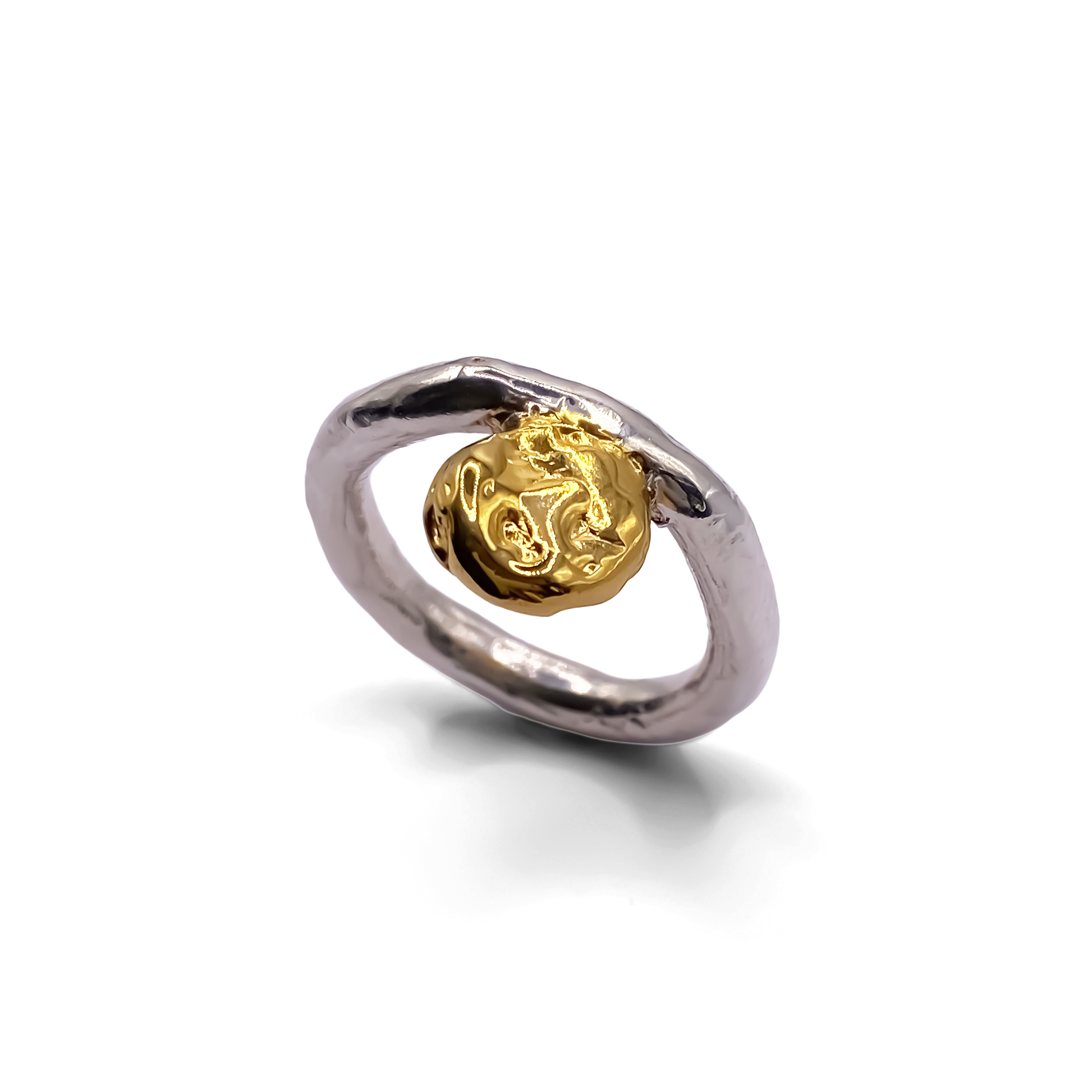 Elegant handmade circle ring with gold accent, textured and minimal by MOCA Jewellery