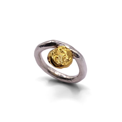 Elegant handmade circle ring with gold accent, textured and minimal by MOCA Jewellery