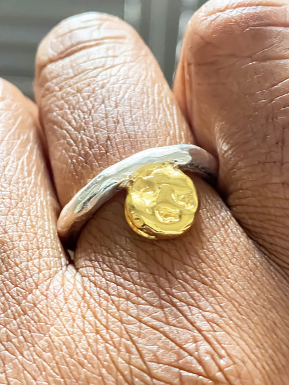 Sleek handmade accent ring with gold circle texture by MOCA Jewellery, minimalist design