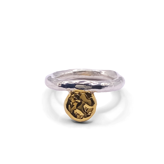 MOCA Jewellery handmade ring with gold circle detail, sleek textured finish and minimal appeal
