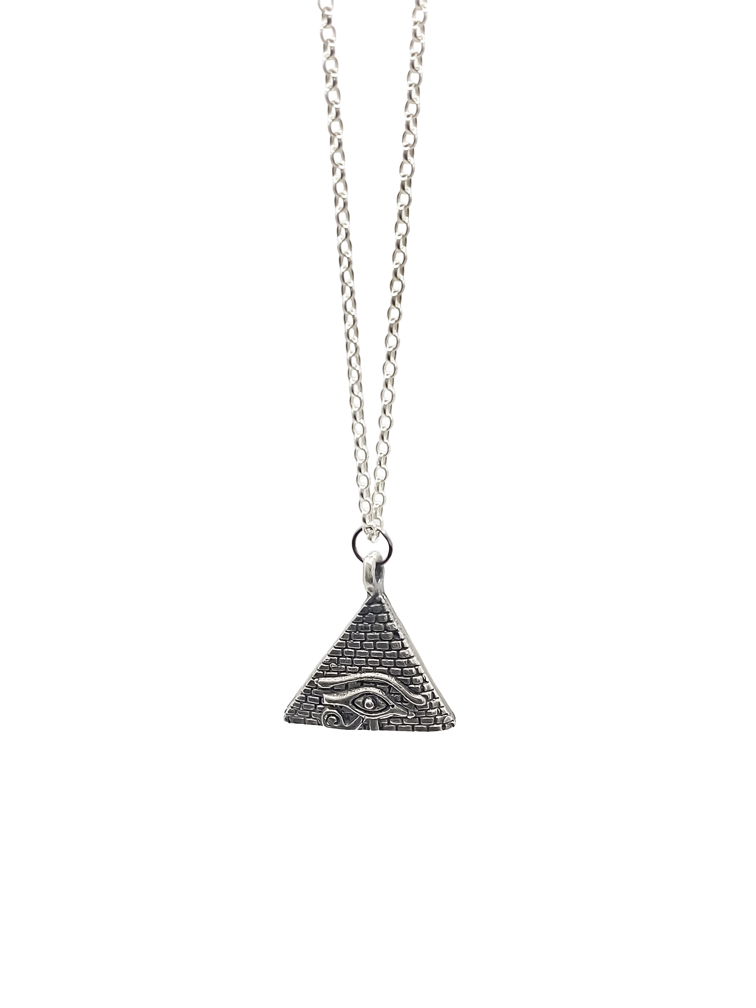 Sacred geometric Horus Eye Pyramid Pendant in oxidised silver or gold with African Egyptian design, free shipping
