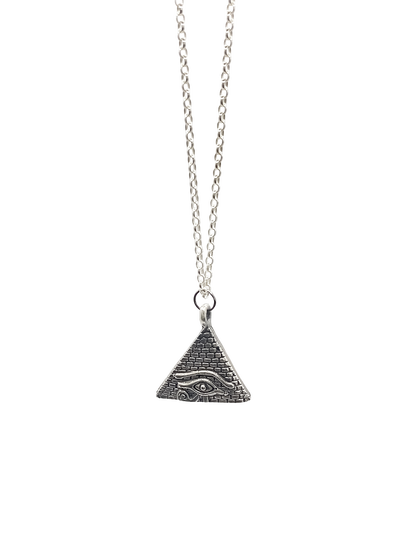Sacred geometric Horus Eye Pyramid Pendant in oxidised silver or gold with African Egyptian design, free shipping